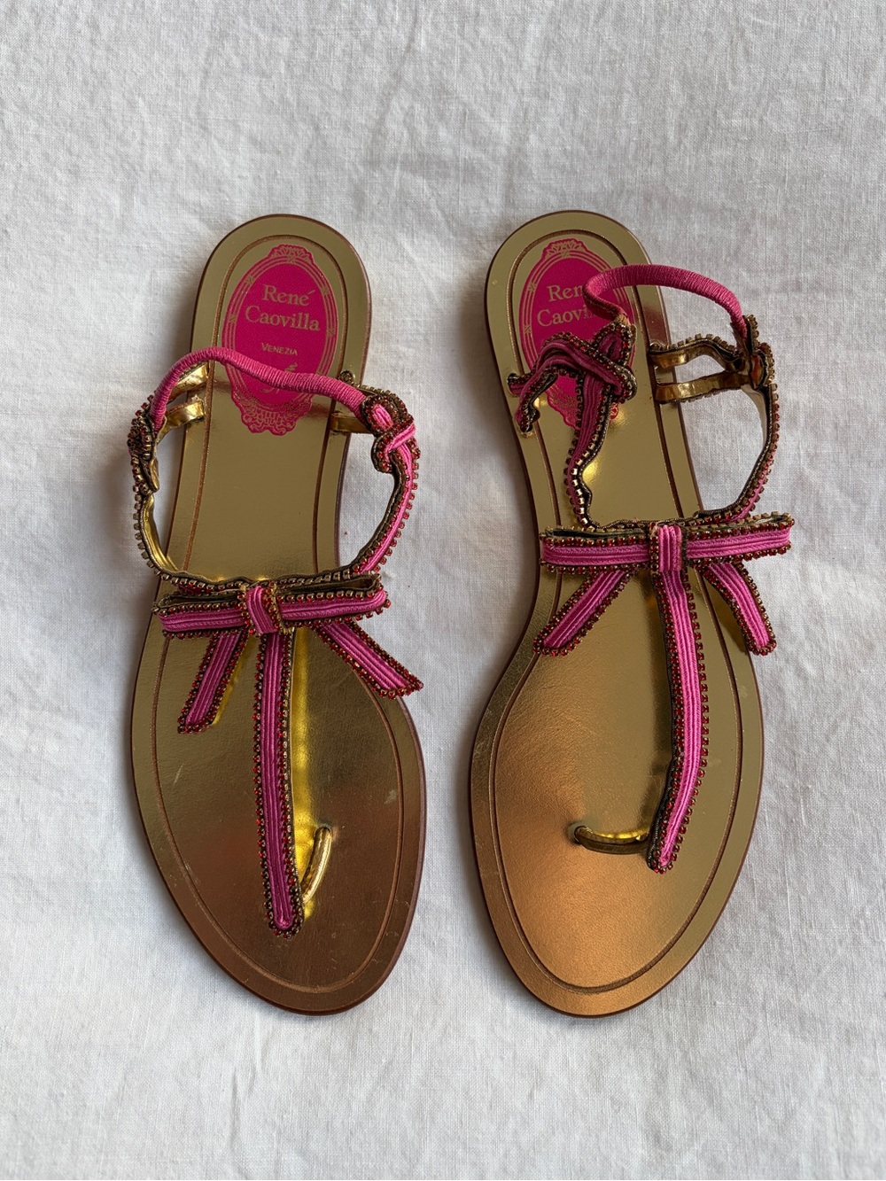 Vintage Rene Caovilla Bow Ribbon Crystal T Strap Flats Sandals Pink Gold
